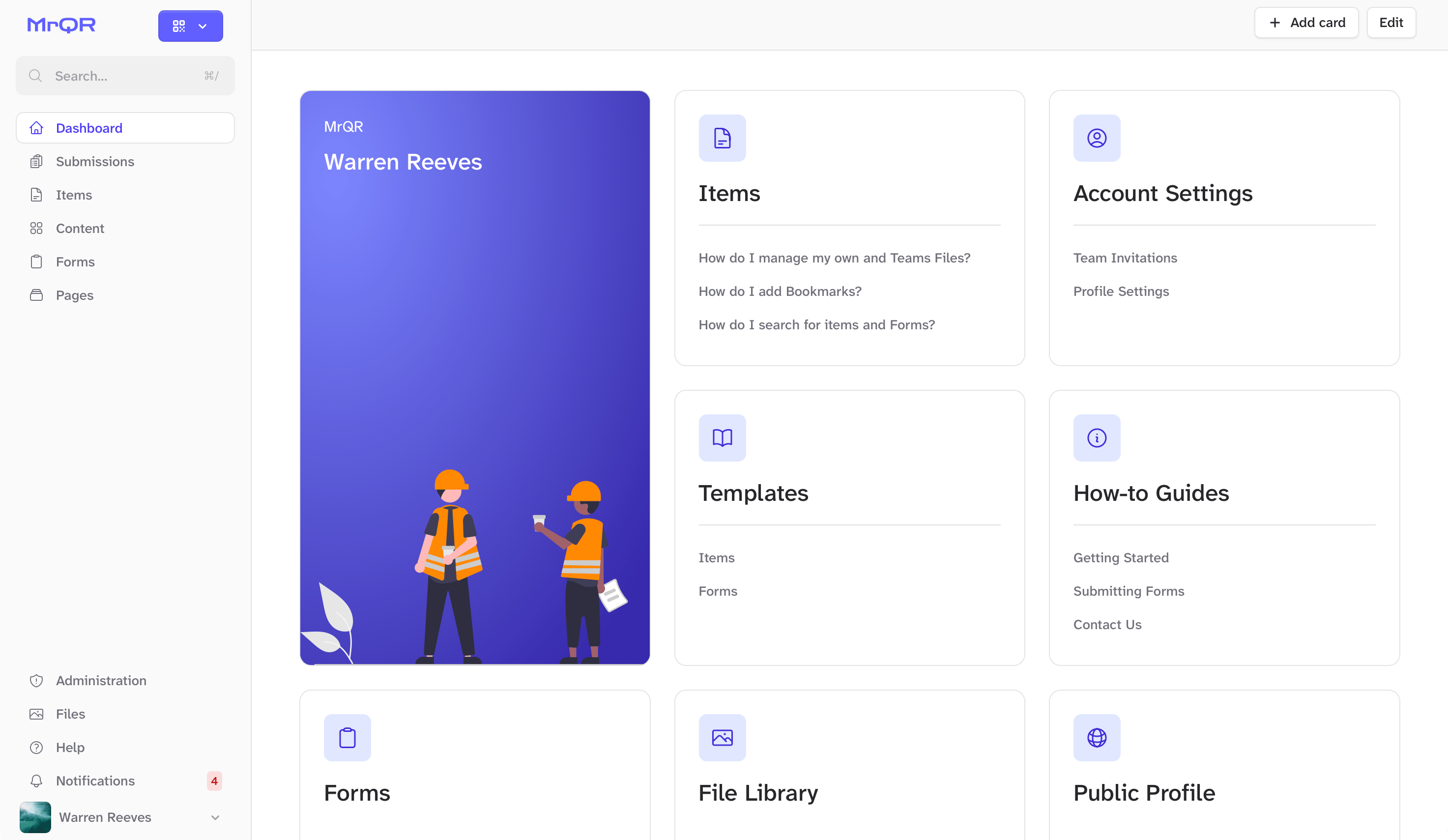 MrQR dashboard showing navigation, content cards, account settings, templates, forms, and file management