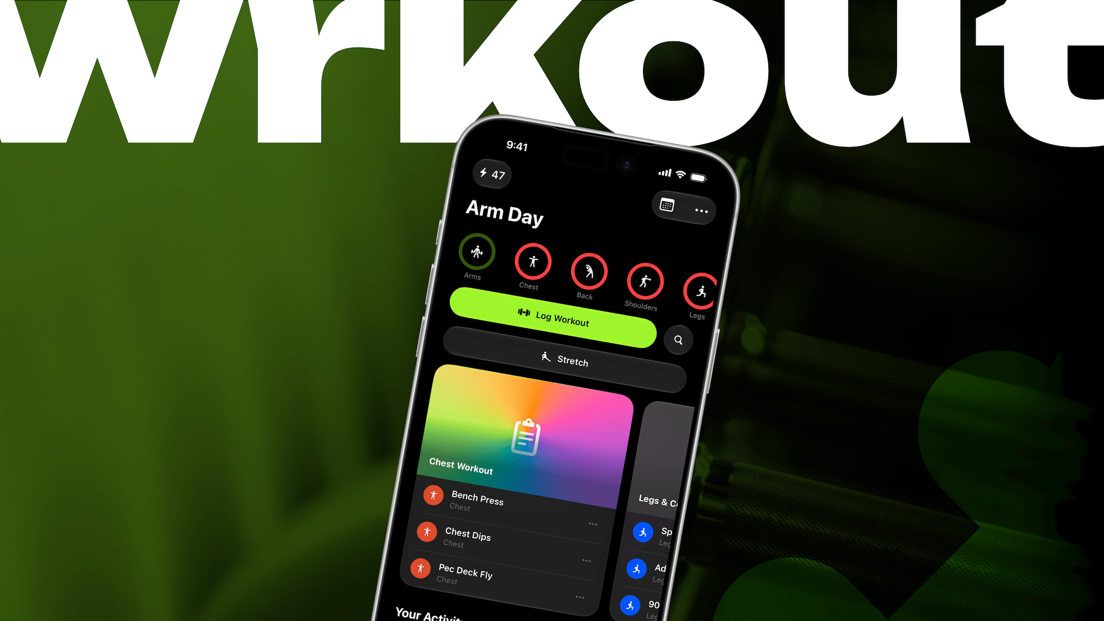 wrkout poster showing a workout tracking screen on an iPhone over a dark green gym background