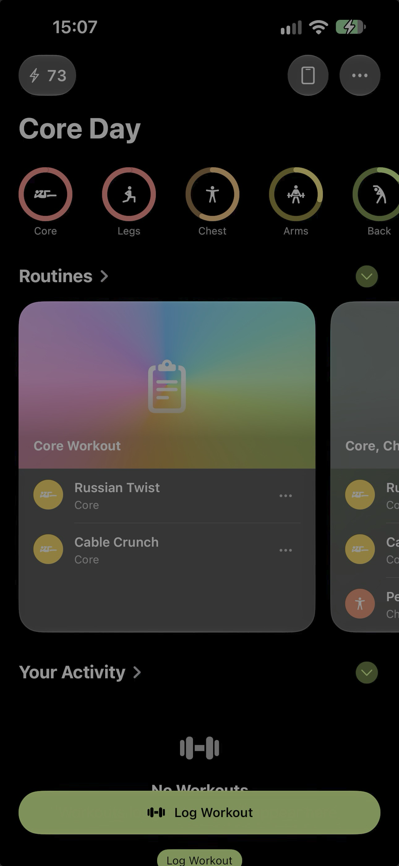 wrkout Today workout dashboard on iPhone